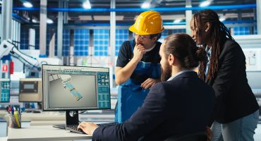 Photovoltaics factory team leader gives workers tasks after troubleshooting